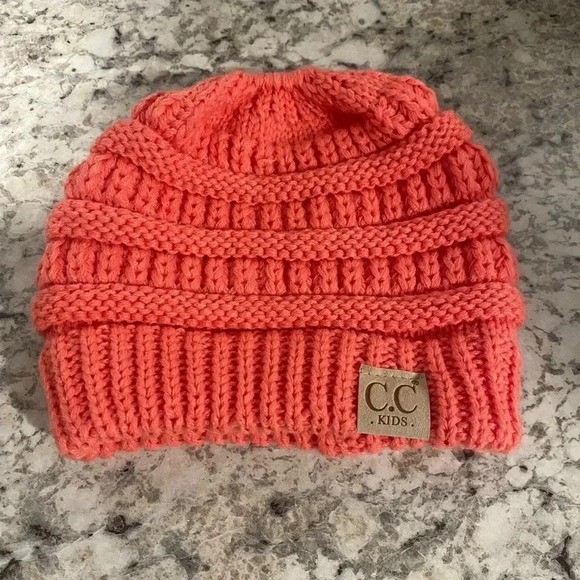 C.C. Children’s knit hat with ponytail hole. Pink/Salmon color - Picture 2 of 7
